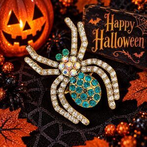 Rhinestone Blue Spider Brooch Pin – Halloween Jewelry - 2"